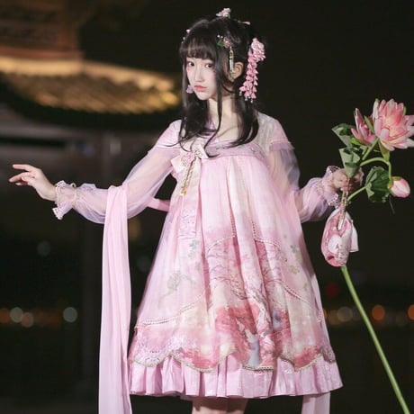 中華ロリータ 桜 幻想的 ゆめかわいい ロリィタ ワンピース コスプレ アイドル チャイナドレス 衣装 長袖 半袖