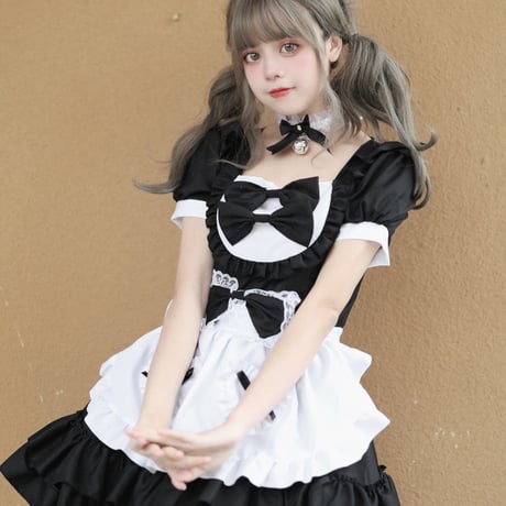 ゆめかわいい メイド服 メイド ワンピース エプロン カチューシャ 半袖 ミニ丈 ミニスカ フリル リボン