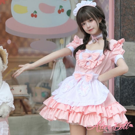 ゆめかわいい メイド服 メイド ワンピース エプロン カチューシャ 半袖 ミニ丈 ミニスカ フリル リボン