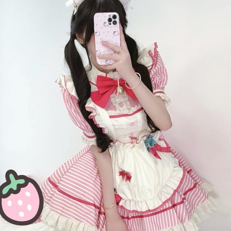 メイド服 ワンピース エプロン セット 半袖 レース フリル 甘ロリ いちご ストライプ レディース 甘かわいい