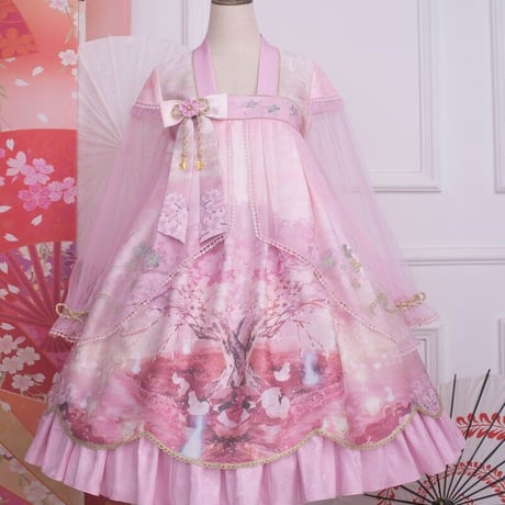 中華ロリータ 桜 幻想的 ゆめかわいい ロリィタ ワンピース コスプレ アイドル チャイナドレス 衣装 長袖 半袖