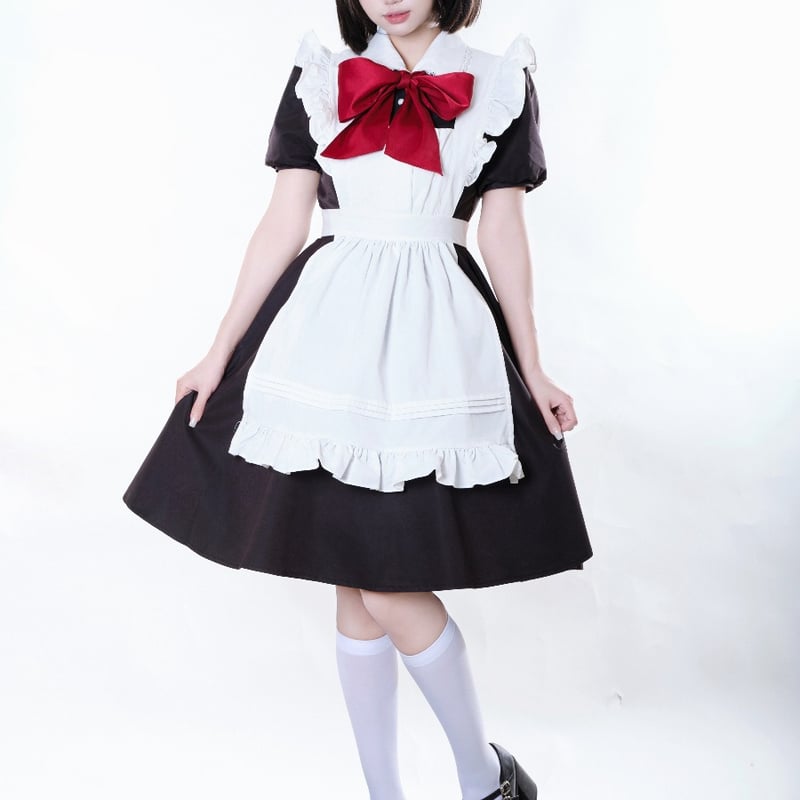 メイド服、リボンタイ 水色チェックワンピースと白ラウンドエプロン メイド服 赤タータンチェック クラシカルロングワンピース＋白