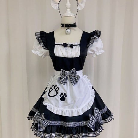 コスプレ 衣装 メイド服 ワンピース エプロン カチューシャ付き セット ロリィタ かわいい ネコ 猫 猫耳
