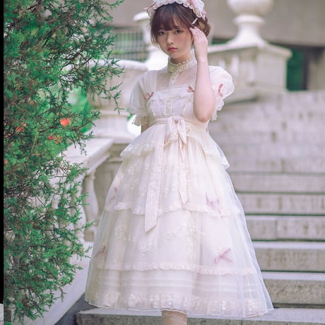 ロリータ ワンピース ドレス ロング ミディアム 選べる丈 JSK ジャンパースカート フレア チュール クラロリ 姫 レース リボン