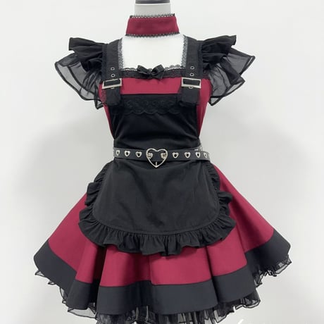 メイド服 ワンピース ゴスロリ エプロン ウエストベルト チョーカー カチューシャ付き 5点セット レディース