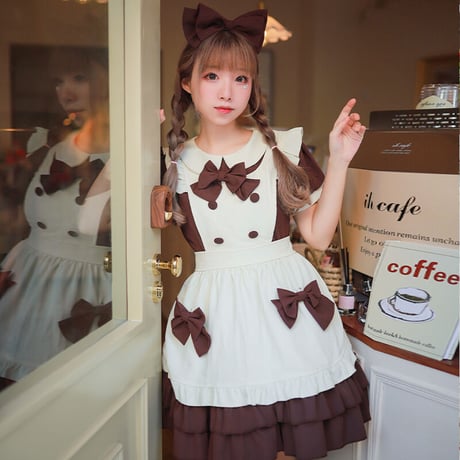 メイド服 ロリータ メイド 3点セット エプロン ドレス ワンピース 制服 コスプレ 半袖 長袖