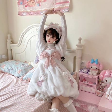 ロリィタ ワンピース 半袖 秋冬 あったか ボア ロリータ 甘ロリ 肉球 ネコ 猫耳 リボン ゆめかわ ふわもこ もこもこ 姫系