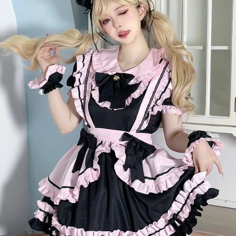 メイド服 猫耳メイド 4点セット ロリータ ドレス ワンピース メイド エプロン リボン 猫耳カチューシャ付き