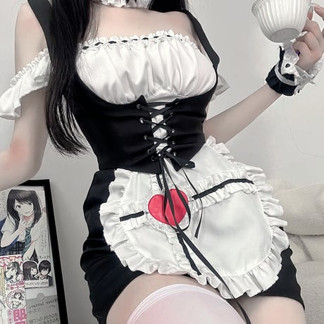 メイド服 ワンピース コルセット エプロン ヘッドドレス ４点セット ミニ丈 ハートモチーフ 可愛い セクシー コスプレ