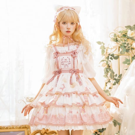 姫ロリ ロリータ ジャンパースカート 姫系 甘可愛い 3段フリル 猫 肉球 ピンク かわいい ガーリー クラシック