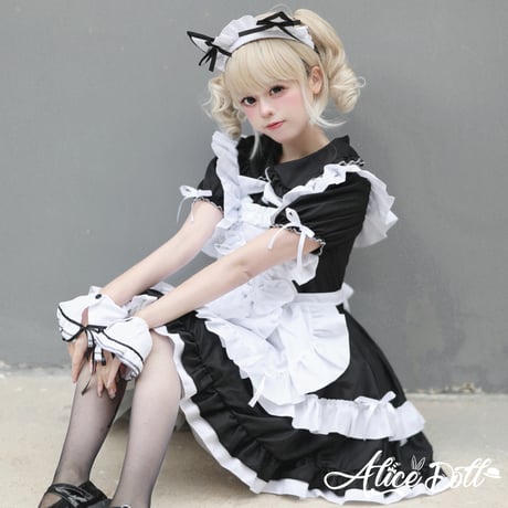 メイド服  ロリータ セット ワンピース エプロン カチューシャ 猫耳 半袖  ゆめかわいい メイド ミニ丈