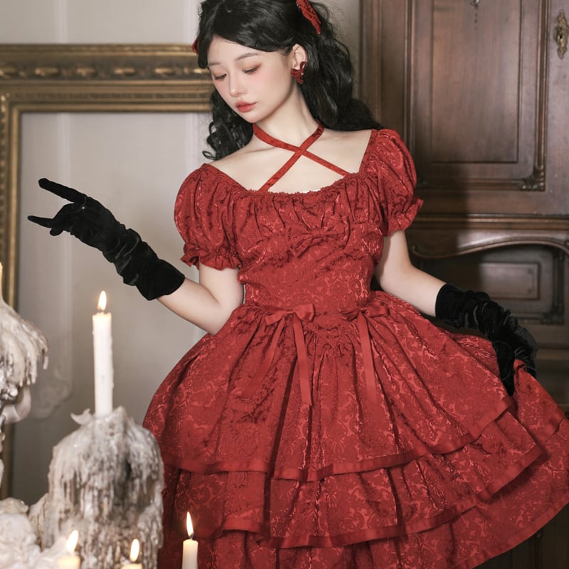 ロリータ ワンピース ドレス 可愛い 上品 半袖 膝上丈 ミニ丈 リボン 3