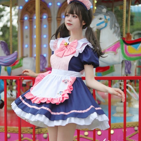 メイド服 メイド ワンピース エプロン カチューシャ 猫の肉球 ストライプ 半袖 ミニ丈 コスプレ ドレス