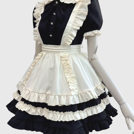 クラシカル メイド服 セット ロリィタ 半袖 ワンピース エプロン カチューシャ付き かわいい ミニ丈