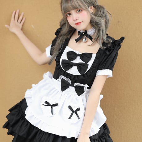 ゆめかわいい メイド服 メイド ワンピース エプロン カチューシャ 半袖 ミニ丈 ミニスカ フリル リボン