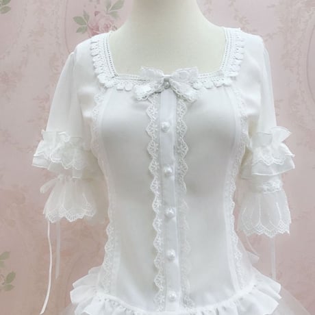 ロリータ レディース トップス ブラウス 春 夏 半袖 姫袖 かわいい 快適 3色 白 黒 アプリコット