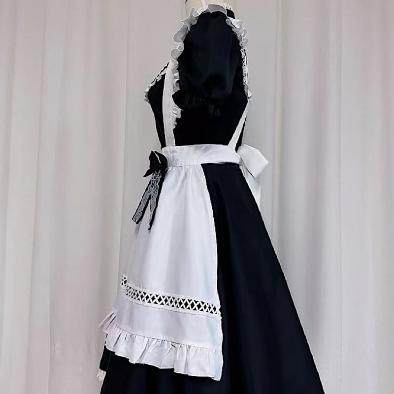 メイド服 ワンピース 半袖 クラシカル ロング丈 メイド 定番 カチューシャ セット 英国風 ...