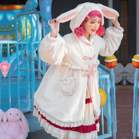 ロリータ コート レディース 冬 ロリィタ 起毛 暖か モコモコ フード 兎耳 かわいい  ゆるカワイイ 甘ロリ