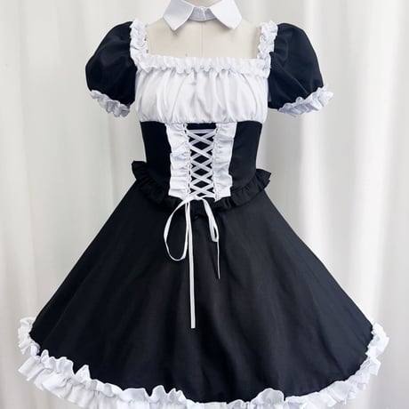 ゆめかわいい メイド服 セット ワンピ エプロン カチューシャ 半袖 十字架 ゴスロリ ミニ丈 フリル