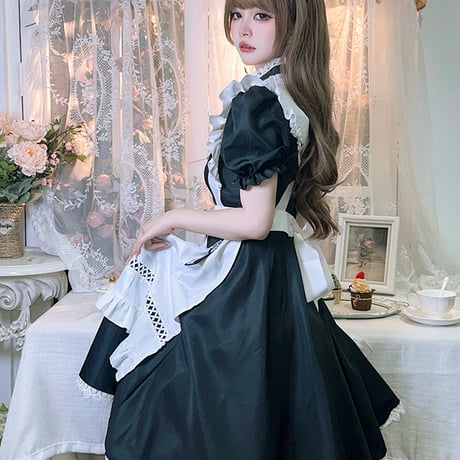 メイド服 ワンピース 半袖 クラシカル ロング丈 メイド 定番 カチューシャ セット 英国風 ロリータ 大人可愛い
