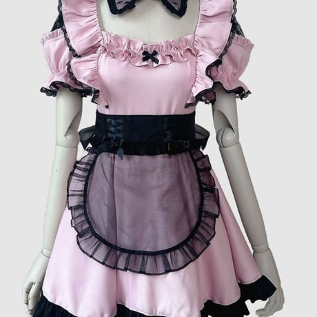 メイド服 メイド セット ゆめかわいい ガーリー ワンピース エプロン つけ襟 猫耳カチューシャ 半袖