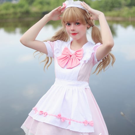 ゆめかわいい メイド服 セット ワンピース エプロン カチューシャ 半袖 ミニ丈 ミニスカ フリル リボン