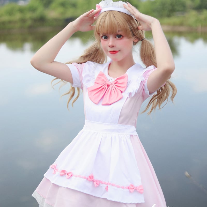 ゆめかわいい メイド服 セット ワンピース エプロン カチューシャ 半袖
