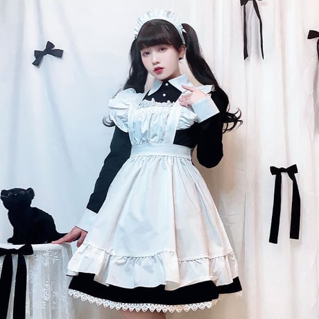 ロリータ　フリフリメイド服　ドレス　ひざ丈　レース　水色