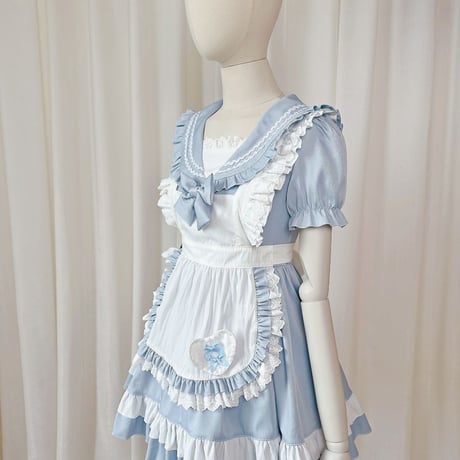 セーラー風 メイド服 セーラーワンピース ロリータ コスプレ ドレス ワンピース エプロン付き リボン 半袖