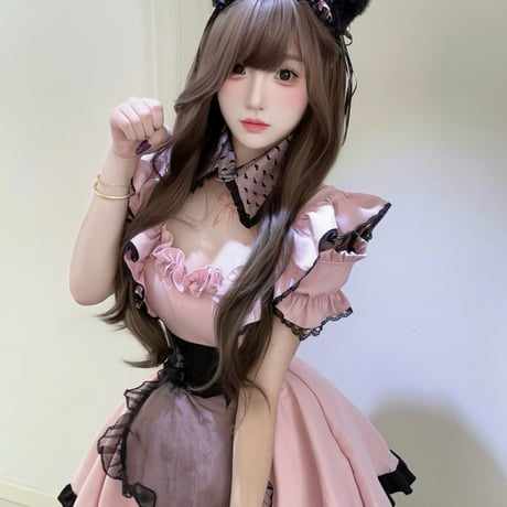 メイド服 メイド セット ゆめかわいい ガーリー ワンピース エプロン つけ襟 猫耳カチューシャ 半袖