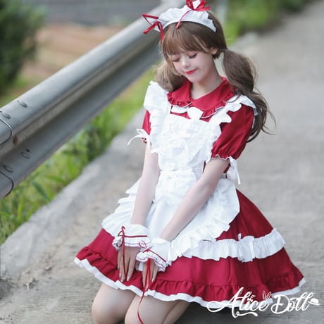 メイド服  ロリータ セット ワンピース エプロン カチューシャ 猫耳 半袖  ゆめかわいい メイド ミニ丈