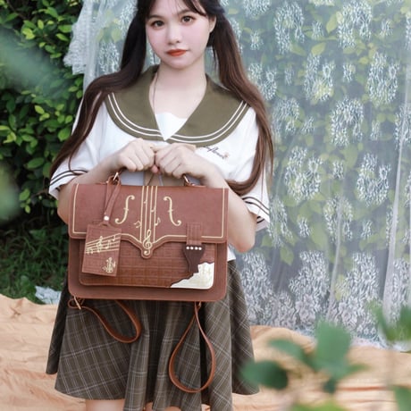 学園風 バッグ ロリータ ゴシック 音符刺繍 カバン 鞄 JK 通学 レディース PU 制服バッグ 3WAY