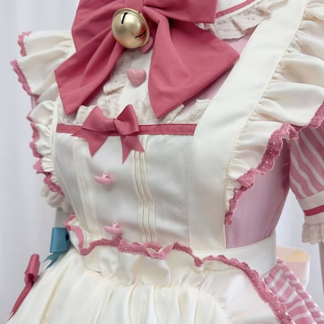 メイド服 ワンピース エプロン セット 半袖 レース フリル 甘ロリ いちご ストライプ レディース 甘かわいい