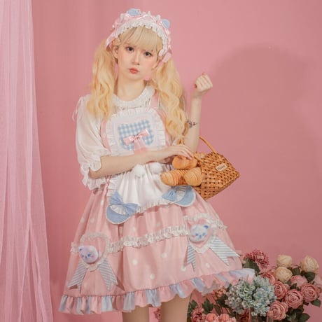 ロリータ メイド服 ジャンパースカート ワンピース エプロン付 ショート丈 メイド お姫様 ロリータドレス 姫 クマ ぬいぐるみ