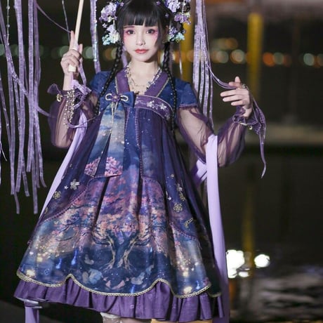中華ロリータ 桜 幻想的 ゆめかわいい ロリィタ ワンピース コスプレ アイドル チャイナドレス 衣装 長袖 半袖