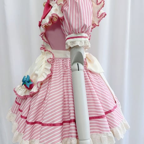 メイド服 ワンピース エプロン セット 半袖 レース フリル 甘ロリ いちご ストライプ レディース 甘かわいい