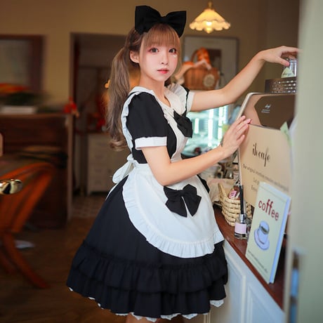 メイド服 ロリータ メイド 3点セット エプロン ドレス ワンピース 制服 コスプレ 半袖 長袖