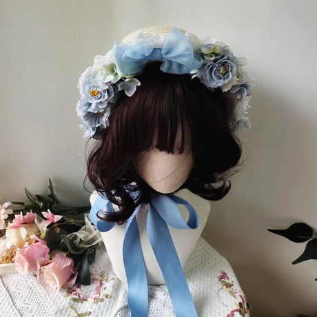 ロリータ 麦わら 帽子 ゴスロリ ゴシック ハンドメイド カンカン帽 ストローハット 春 夏 甘ロリ 華ロリ 欧風