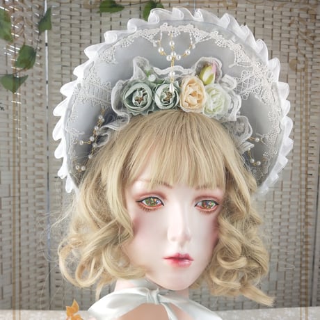 ロリィタ ボンネット 帽子 ヘッドドレス ヘアアクセサリー 髪飾り シルバーグレー 花柄 造花 ハンドメイド