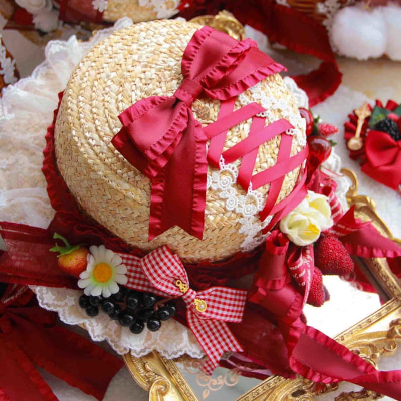 ロリータ 麦わら帽子 帽子 レディース ヘアアクセサリー いちご 田園風