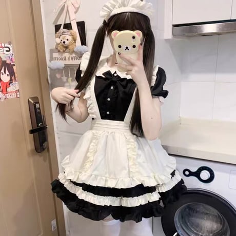 クラシカル メイド服 セット ロリィタ 半袖 ワンピース エプロン カチューシャ付き かわいい ミニ丈
