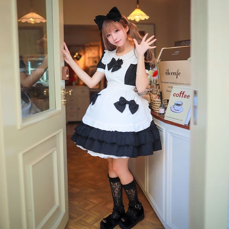 メイド服 ロリータ メイド 3点セット エプロン ドレス ワンピース 制服 コスプレ 半袖 長袖