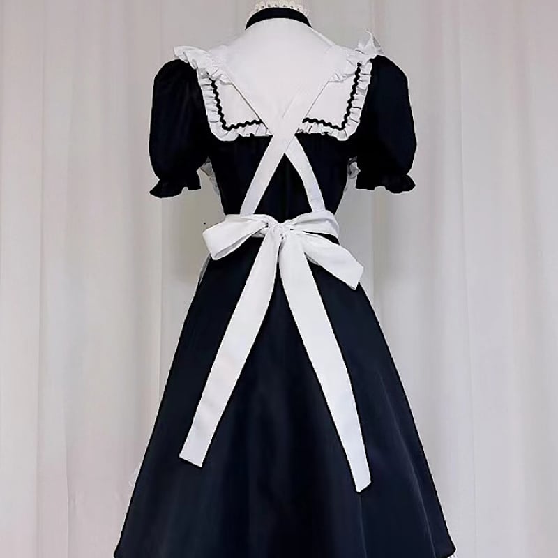 う*お様 即購入可〇姫袖ワンピース 黒 ＋メイド帽子 メイド服 ワンピース 半袖 クラシカル ロング丈 メイド 定番