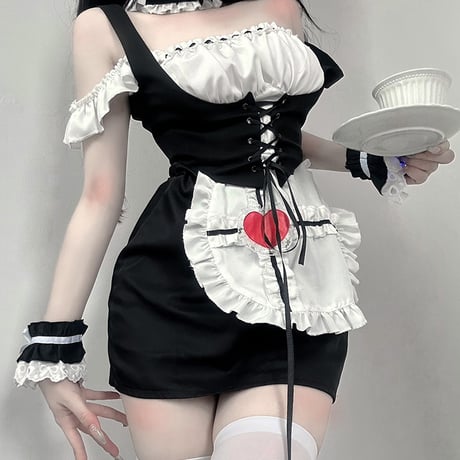 メイド服 ワンピース コルセット エプロン ヘッドドレス ４点セット ミニ丈 ハートモチーフ 可愛い セクシー コスプレ