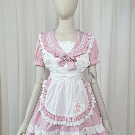セーラー風 メイド服 セーラーワンピース ロリータ コスプレ ドレス ワンピース エプロン付き リボン 半袖