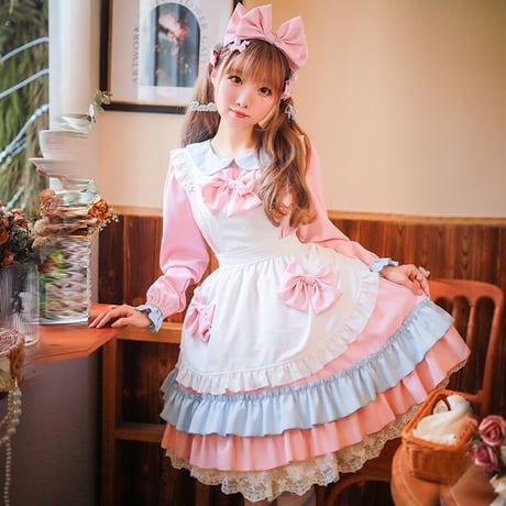 メイド服 エプロン コスプレ 甘ロリータ 3点セット 半袖 長袖 かわいい カチューシャ ロリータ ワンピース メイド