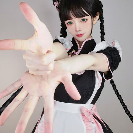 メイド服 中華風 ロリータ ゆめかわいい チャイナ服 チャイナドレス 露出 ワンピース エプロン 髪飾り付き セット