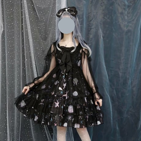 ロリータ ジャンパースカート ワンピース ロリィタ JSK 貝殻 ヒトデ プリント ハイウエスト 光沢 かわいい