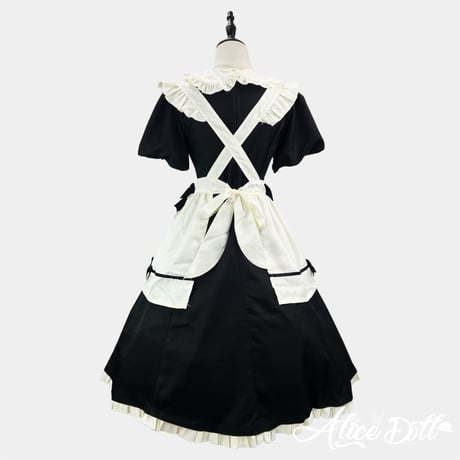 ロリータ ロング丈 メイド服 クラシック メイド ワンピース エプロン カチューシャ 付け袖 長袖 半袖