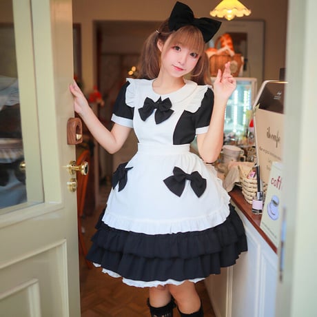 メイド服 エプロン コスプレ 甘ロリータ 3点セット 半袖 長袖 かわいい カチューシャ ロリータ ワンピース メイド
